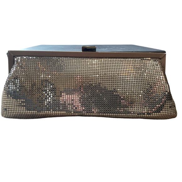 Whiting & Davis Pewter Mesh and Brown Satin Ruffles Clutch with Strap. EUC. - Picture 2 of 6